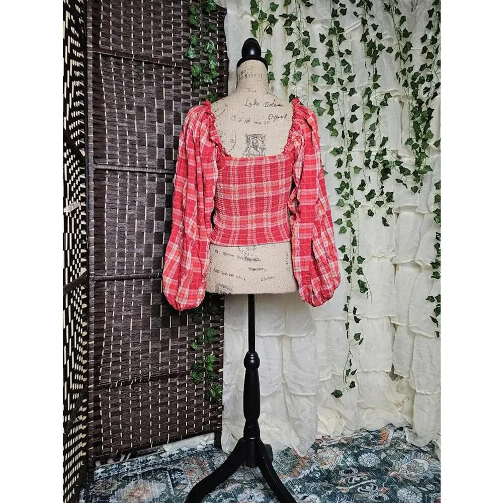 Free People Red Plaid Smocked Top Ruffle Off Shoulder Cottagecore Romantic XS - Picture 2 of 4